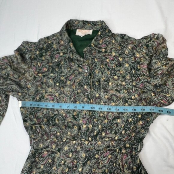 Rococo Sand Mini Shirt Dress Sheer Metallic Paisley Button Up Collar Green Small - Picture 5 of 13